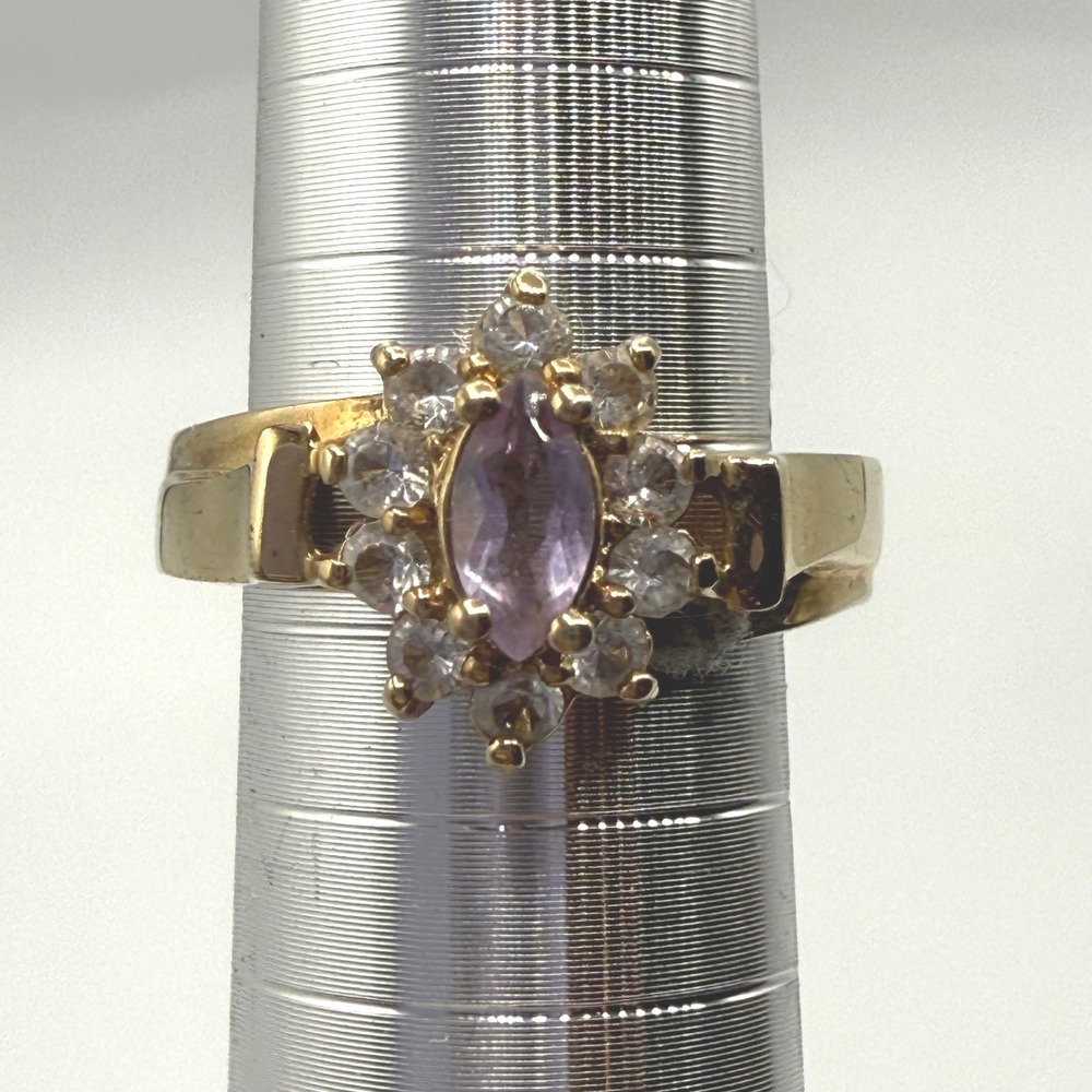 Vintage Gold Electroplate Marquise Purple Stone Halo Cluster Ring Size 6 GE